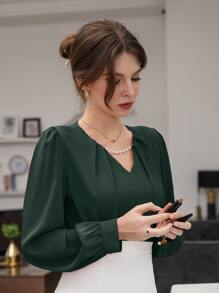 Modelyn Puff Sleeve Solid Blouse - Dark Green - View 5