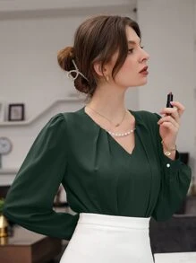 Modelyn Puff Sleeve Solid Blouse - Dark Green - View 6