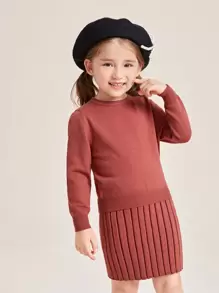 SHEIN Toddler Girls Solid Jumper & Ribbed Knit Skirt - Rust Brown - View 1