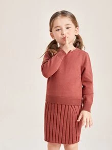 SHEIN Toddler Girls Solid Jumper & Ribbed Knit Skirt - Rust Brown - View 3