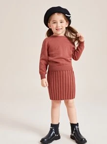 SHEIN Toddler Girls Solid Jumper & Ribbed Knit Skirt - Rust Brown - View 4