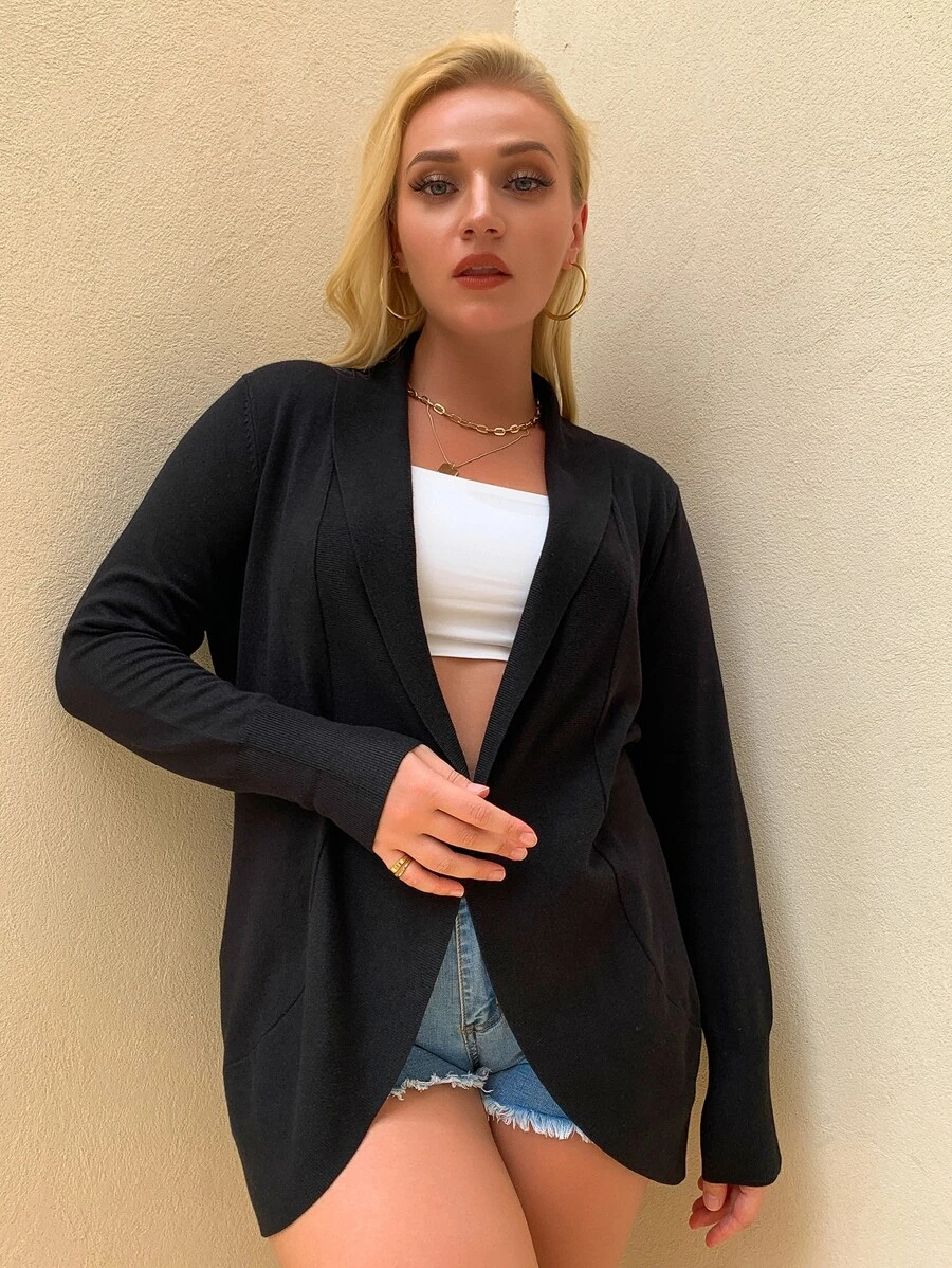 AAmilife 大码纯色休闲设计开衫 - 黑色 - 查看 1