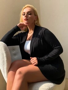 AAmilife 大码纯色休闲设计开衫 - 黑色 - 查看 3