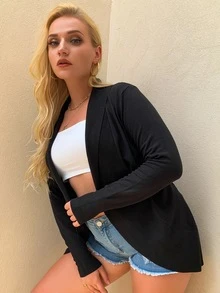 AAmilife 大码纯色休闲设计开衫 - 黑色 - 查看 5