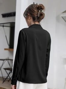 Mulvari Solid Hidden Button Placket Shirt,Long Sleeve Tops Fall Cloth For Women