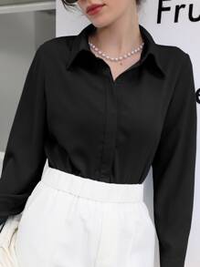 Mulvari Solid Hidden Button Placket Shirt,Long Sleeve Tops Fall Cloth For Women
