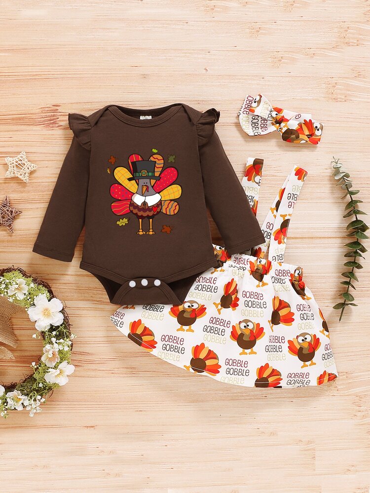 Baby Cartoon Graphic Ruffle Trim Bodysuit & Suspender Skirt & Headband