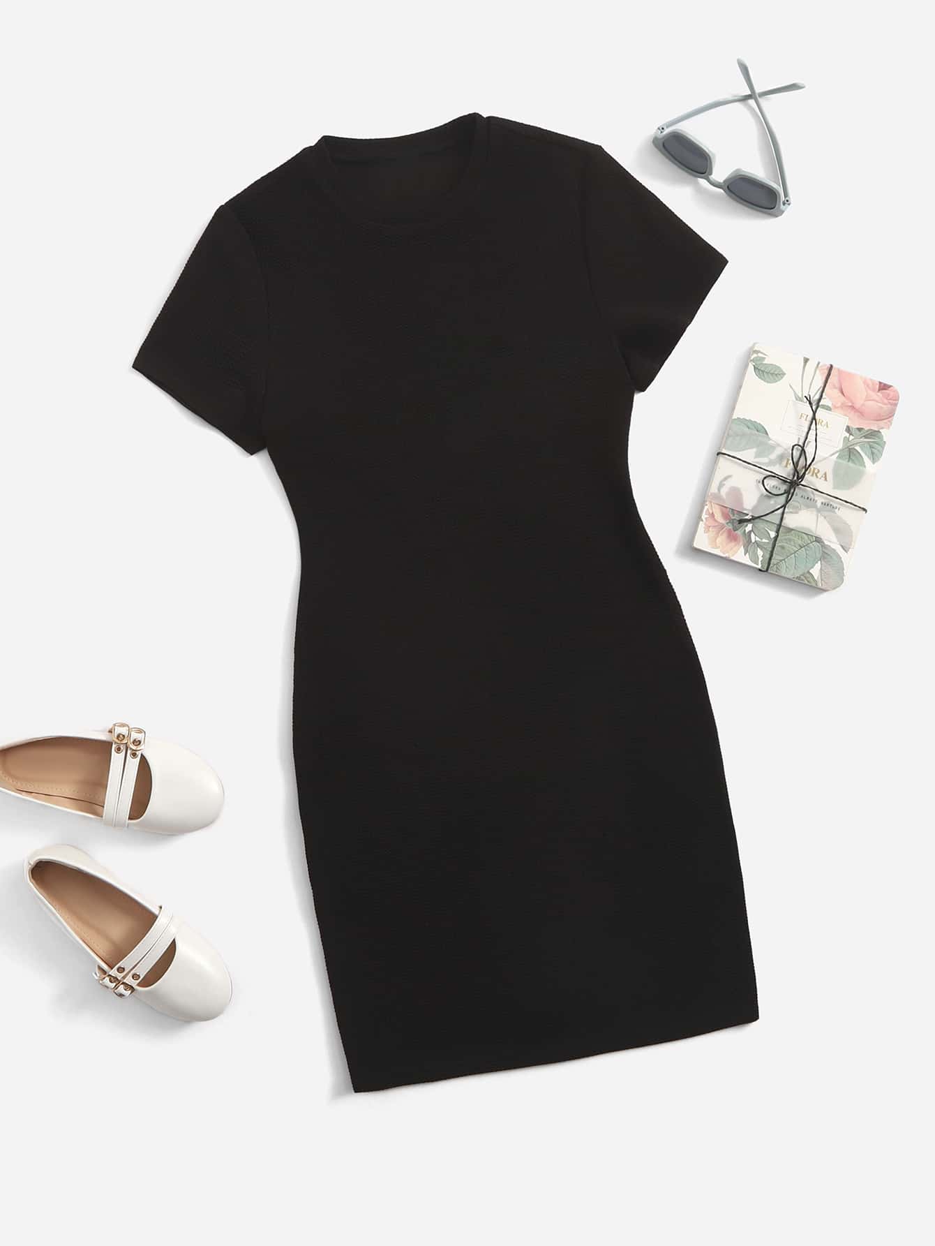 Vestido de punto de color liso con cuello redondo para niñas adolescentes en verano - Negro - Ver 1