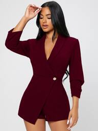 SHEIN PETITE Solid Shawl Collar Wrap Romper