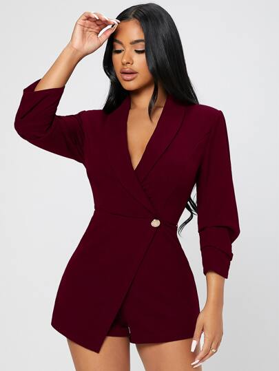 SHEIN PETITE Solid Shawl Collar Wrap Romper