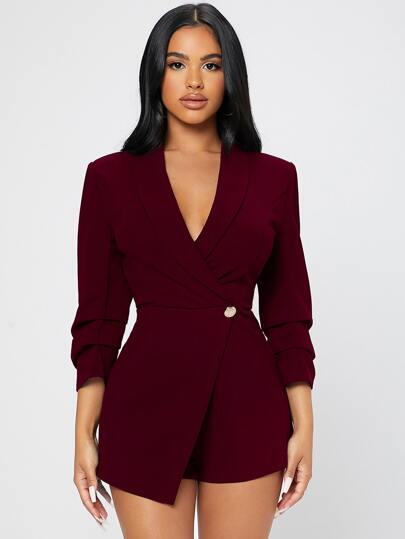 SHEIN PETITE 素色青果領圍裹連體短褲