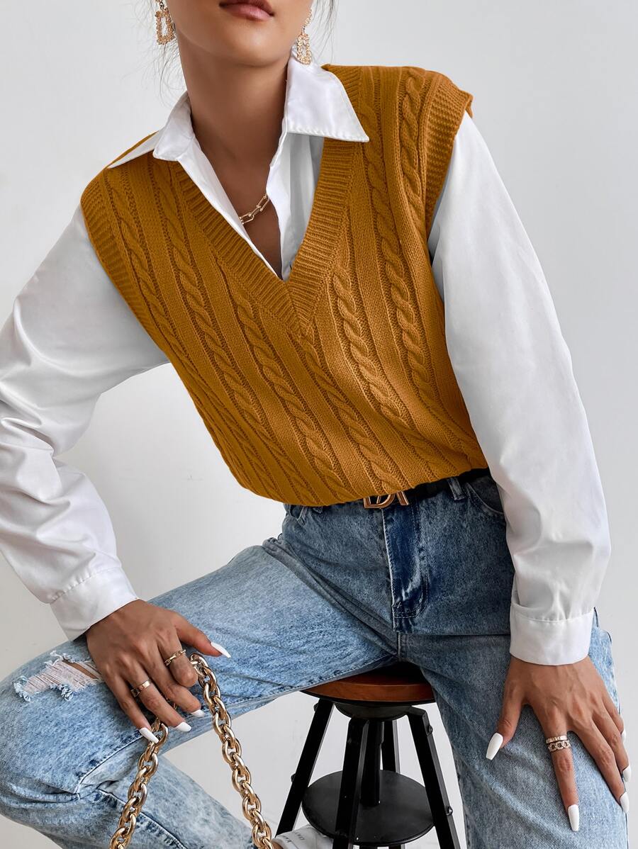 SHEIN Essnce Cable Knit Sweater Vest Without Blouse - Mustard Yellow - View 1