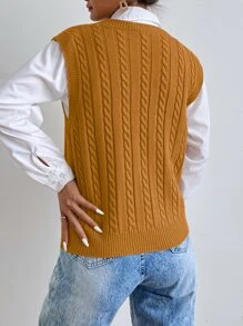 SHEIN Essnce Cable Knit Sweater Vest Without Blouse - Mustard Yellow - View 2