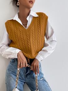 SHEIN Essnce Cable Knit Sweater Vest Without Blouse - Mustard Yellow - View 3