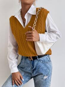 SHEIN Essnce Cable Knit Sweater Vest Without Blouse - Mustard Yellow - View 5