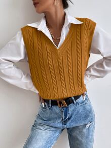 SHEIN Essnce Cable Knit Sweater Vest Without Blouse - Mustard Yellow - View 6