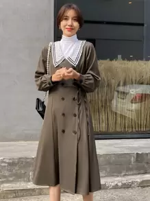 DAZY 誇大領口雙排釦側打結不帶T恤連衣裙