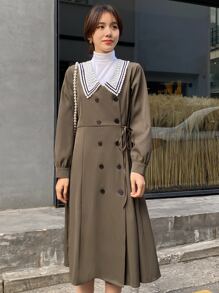 DAZY 誇大領口雙排釦側打結不帶T恤連衣裙