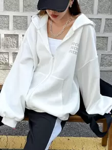 DAZY Áo hoodie có khóa kéo thả vai họa tiết chữ, áo dài tay - trắng - Xem 1