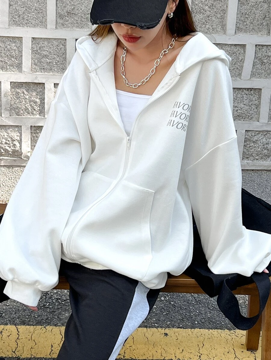 DAZY Áo hoodie có khóa kéo thả vai họa tiết chữ, áo dài tay - trắng - Xem 1