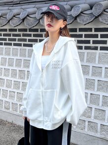 DAZY Áo hoodie có khóa kéo thả vai họa tiết chữ, áo dài tay - trắng - Xem 2