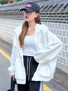 DAZY Áo hoodie có khóa kéo thả vai họa tiết chữ, áo dài tay - trắng - Xem 3