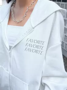 DAZY Áo hoodie có khóa kéo thả vai họa tiết chữ, áo dài tay - trắng - Xem 7