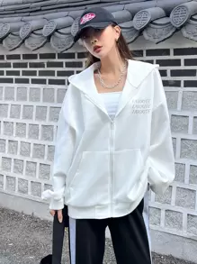 DAZY Áo hoodie có khóa kéo thả vai họa tiết chữ, áo dài tay - trắng - Xem 8