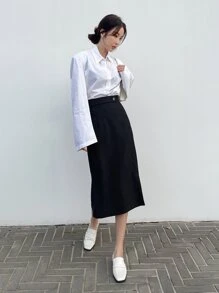 DAZY Chân váy xẻ cao lưng cao mùa hè - màu đen - Xem 4