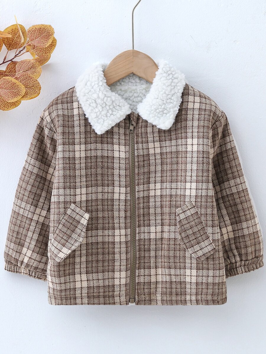 小女童格紋拉鏈開襟絨毛拼塊外套 - 棕色 - 查看 1