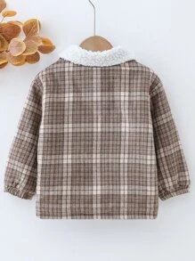 小女童格紋拉鏈開襟絨毛拼塊外套 - 棕色 - 查看 2