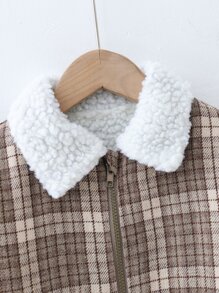 小女童格紋拉鏈開襟絨毛拼塊外套 - 棕色 - 查看 4