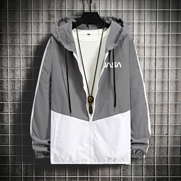 

Men Letter Graphic Zip Up Two Tone Drawstring Hooded Jacket Without Tee, Grey