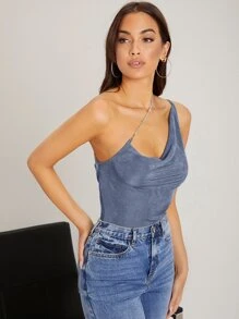 SHEIN BAE One Shoulder Rhinestone Chain Velvet Top