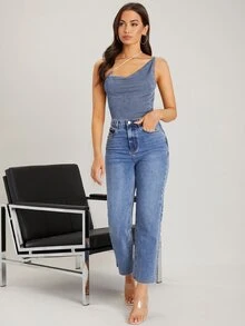 SHEIN BAE One Shoulder Rhinestone Chain Velvet Top