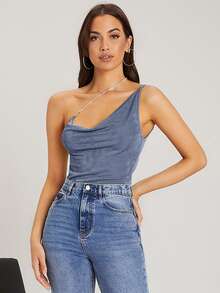 SHEIN BAE One Shoulder Rhinestone Chain Velvet Top