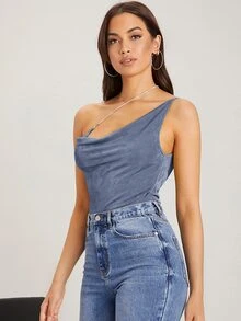 SHEIN BAE One Shoulder Rhinestone Chain Velvet Top