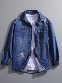 Manfinity Áo sơ mi Denim Nam Túi Bị tách Nút phía trước màu trơn Giải trí - Rửa tối - Xem 1