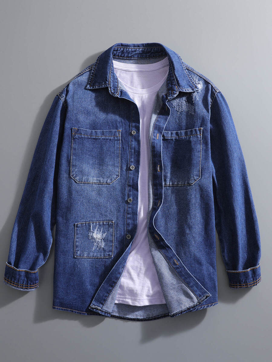 Manfinity Áo sơ mi Denim Nam Túi Bị tách Nút phía trước màu trơn Giải trí - Rửa tối - Xem 1