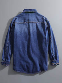 Manfinity Áo sơ mi Denim Nam Túi Bị tách Nút phía trước màu trơn Giải trí - Rửa tối - Xem 2