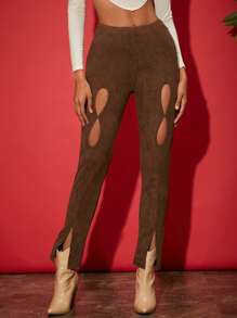 SHEINNeu 鏤空下擺開叉麂皮長褲 - 咖啡棕 - 查看 1