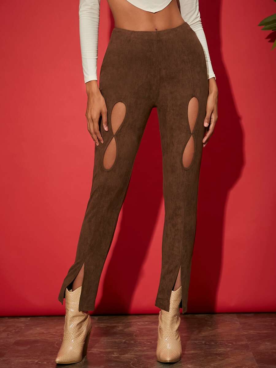 SHEINNeu 鏤空下擺開叉麂皮長褲 - 咖啡棕 - 查看 1