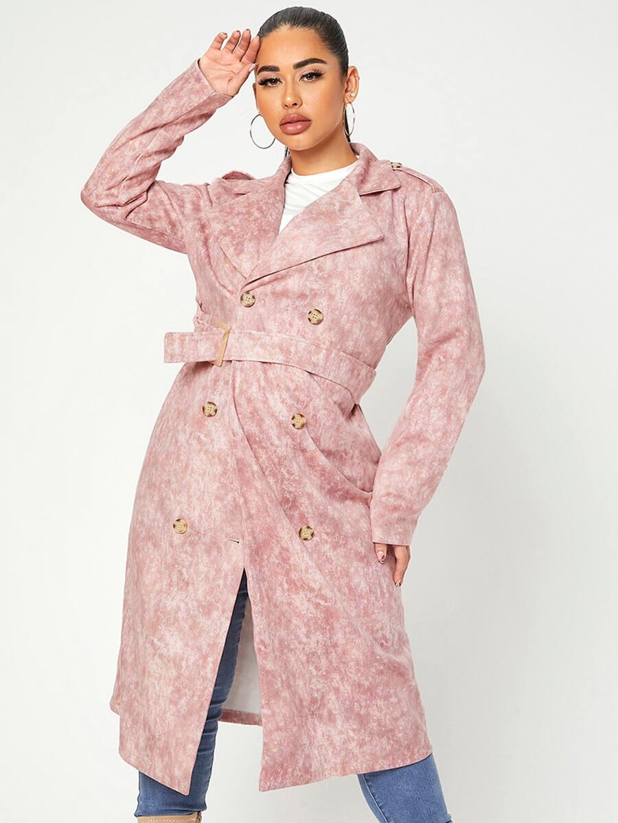 Double Breasted Belted Suedette Trench Coat - Dusty Pink - View 1