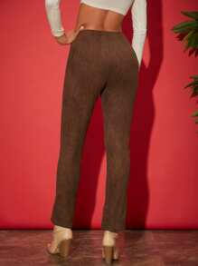 SHEINNeu 鏤空下擺開叉麂皮長褲 - 咖啡棕 - 查看 2
