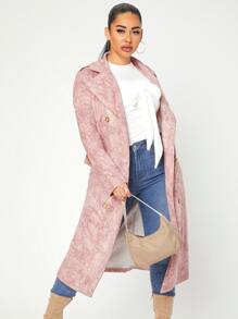Double Breasted Belted Suedette Trench Coat - Dusty Pink - View 3