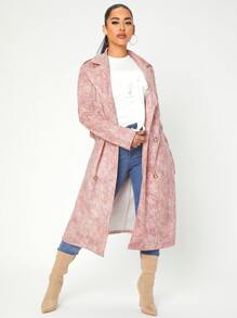 Double Breasted Belted Suedette Trench Coat - Dusty Pink - View 4