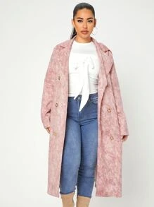 Double Breasted Belted Suedette Trench Coat - Dusty Pink - View 5