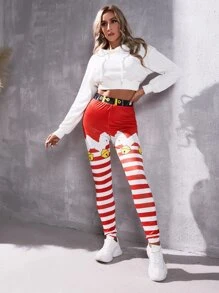 Christmas Print Leggings - Red and White - View 4