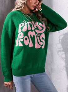 Jersey con patrón de letra de hombros caídos - Verde - Ver 3