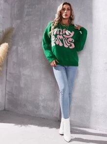 Jersey con patrón de letra de hombros caídos - Verde - Ver 5
